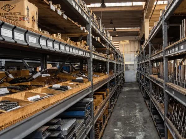 FB Bombas warehouse aisle with complete stock of spare parts