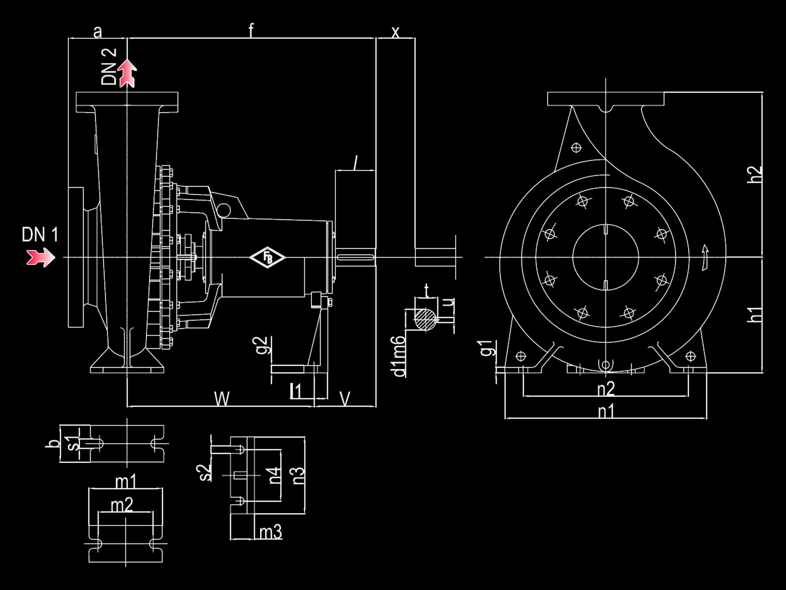 Desenho dimensional oficial da série FBCN com identificação das cotas · FBCN 150-400