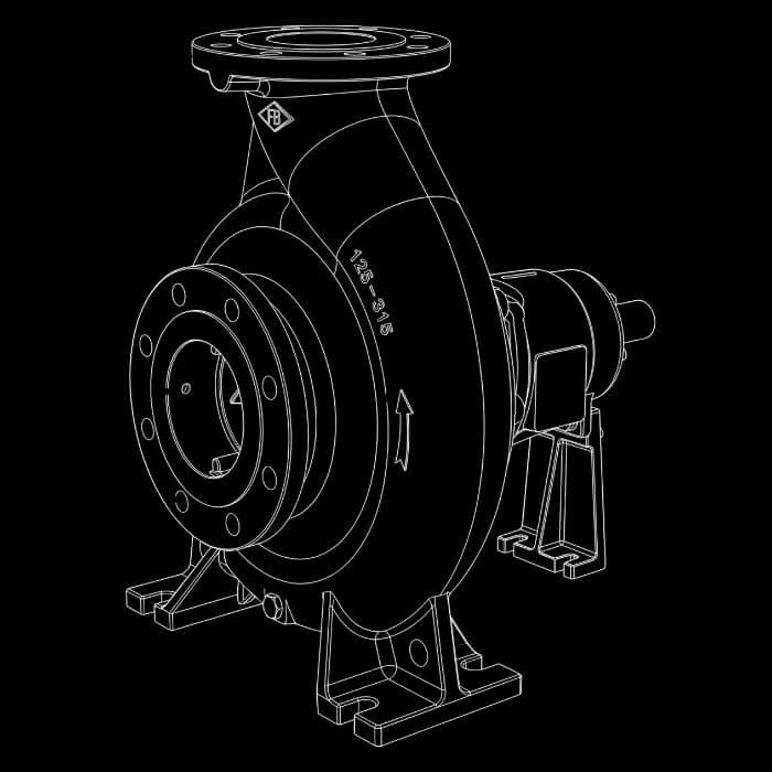 Dibujo técnico isométrico de la bomba centrífuga normalizada FBCN — vista del cuerpo de la bomba con bridas de aspiración y descarga