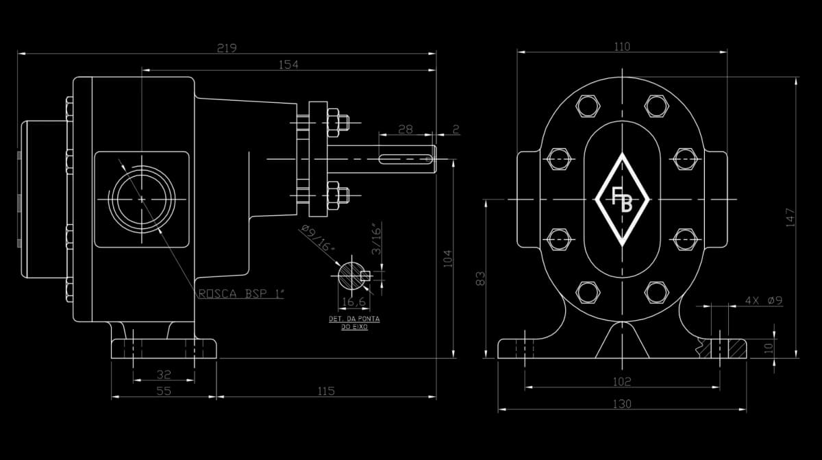 Desenho técnico bomba FBE 1" - Dimensões e especificações - FB Bombas