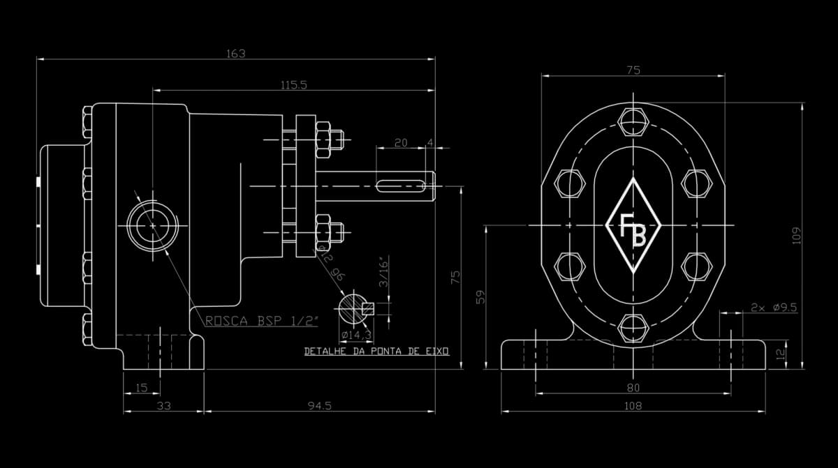 Desenho técnico bomba FBE 1/2" - Dimensões e especificações - FB Bombas