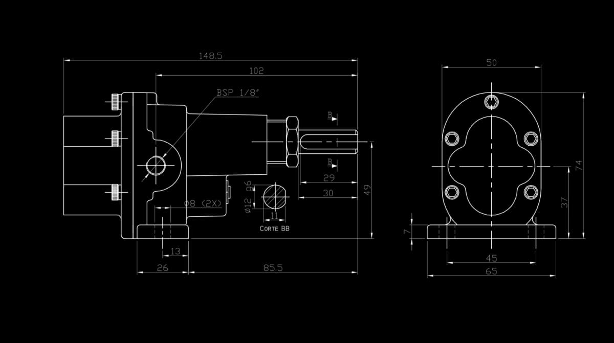 Desenho técnico bomba FBE 1/8" - Dimensões e especificações - FB Bombas