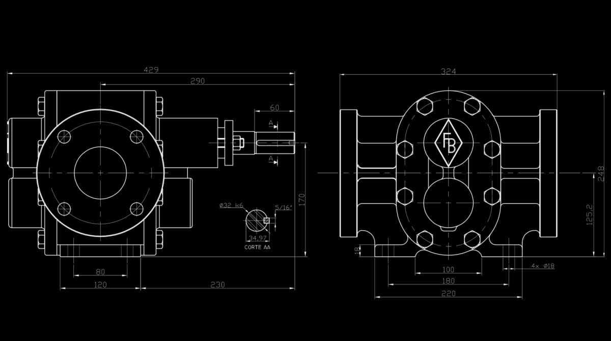 Desenho técnico bomba FBE 3" - Dimensões e especificações - FB Bombas