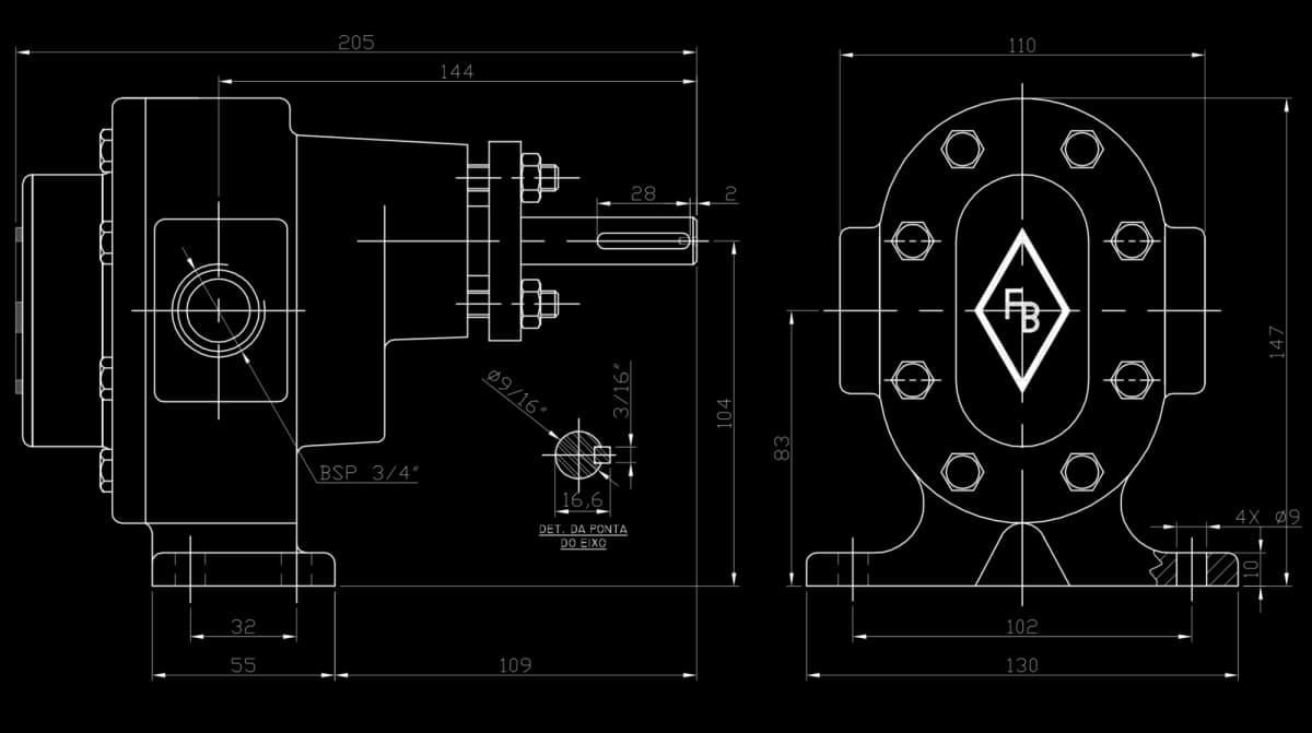 Dibujo técnico bomba FBE 3/4" - Dimensiones y especificaciones - FB Bombas