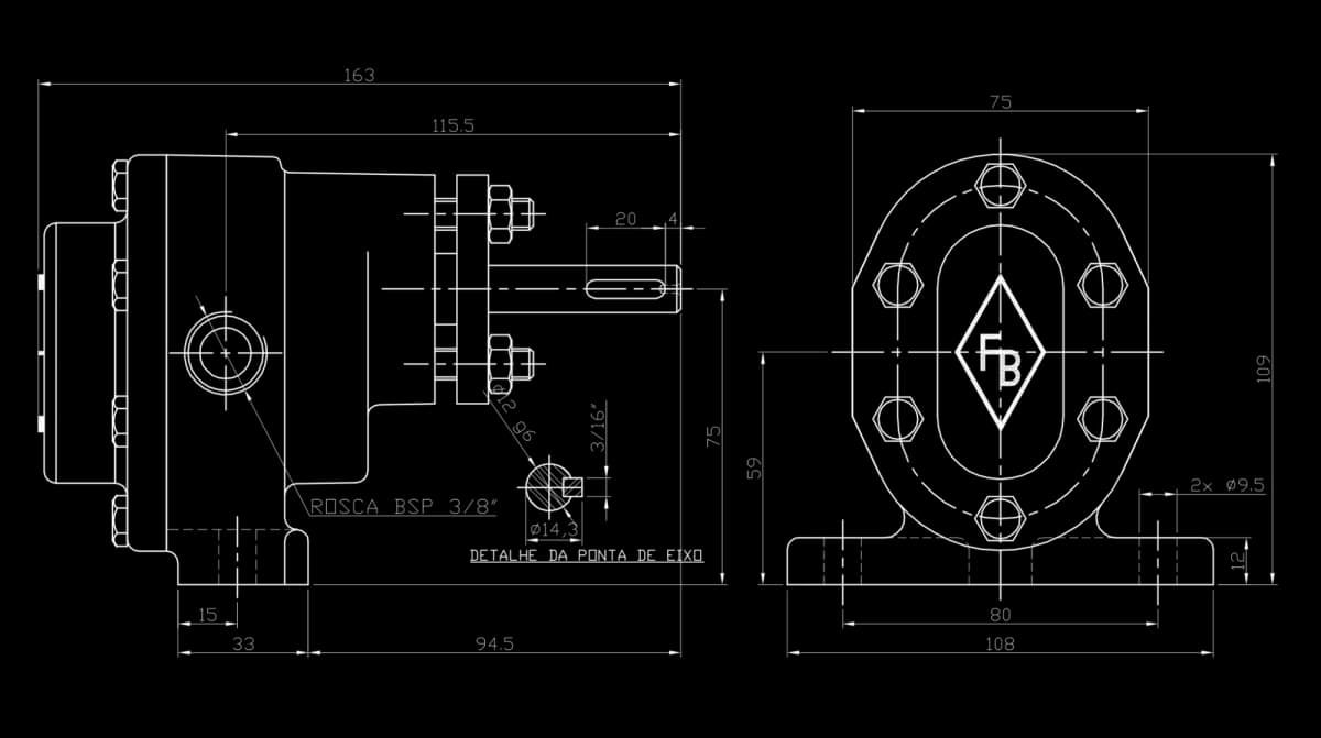 Desenho técnico bomba FBE 3/8" - Dimensões e especificações - FB Bombas