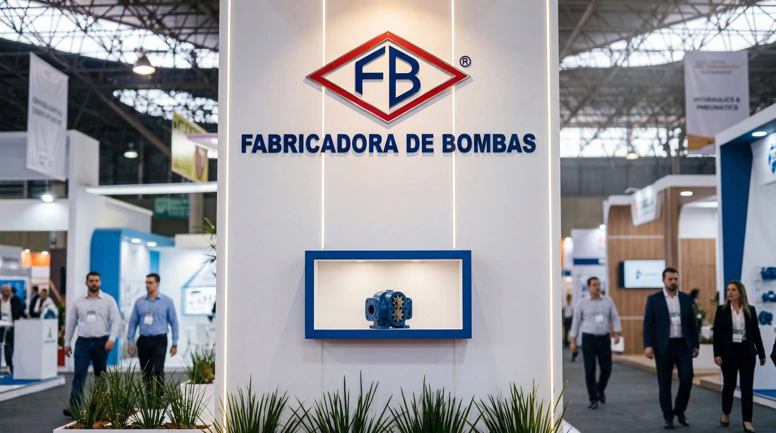 FB Bombas booth at industrial trade show with gear pumps, centrifugal pumps and complete systems on display